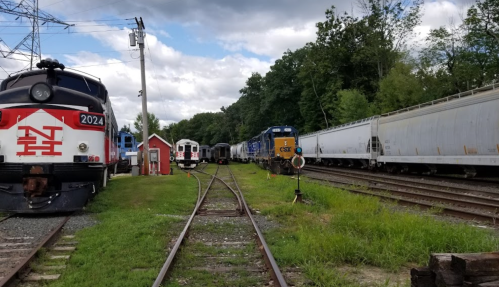A train yard with various locomotives and freight cars, surrounded by greenery and under a cloudy sky.