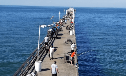 A busy fishing pier with people casting lines into the calm blue ocean under a clear sky.