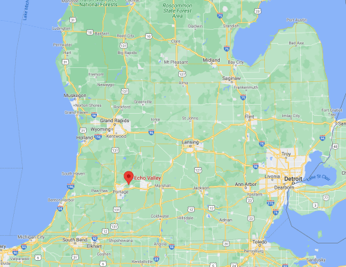Map showing Echo Valley, Michigan, located southwest of Grand Rapids and southeast of Kalamazoo.