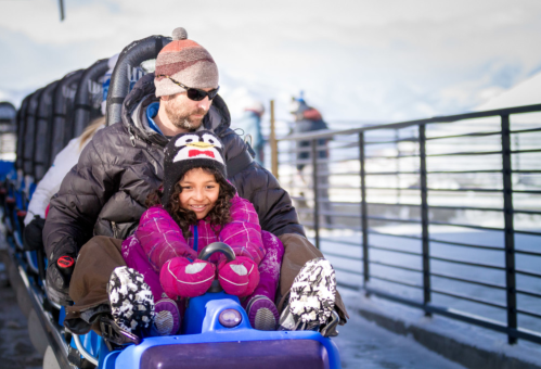 A man and a girl smile while riding a roller coaster, surrounded by snowy scenery and other riders in the background.