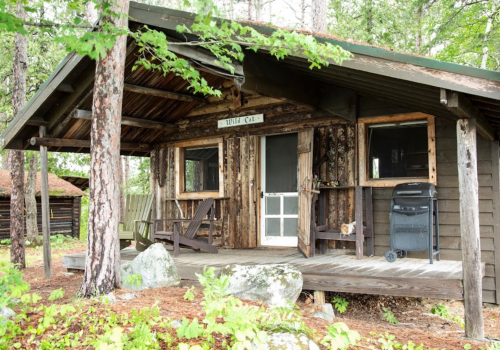 A rustic cabin with a wooden porch, surrounded by trees and rocks, featuring a suitcase on the porch.