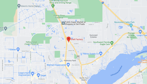 Map showing the location of Shell Factory near various shops and parks in North Fort Myers, Florida.