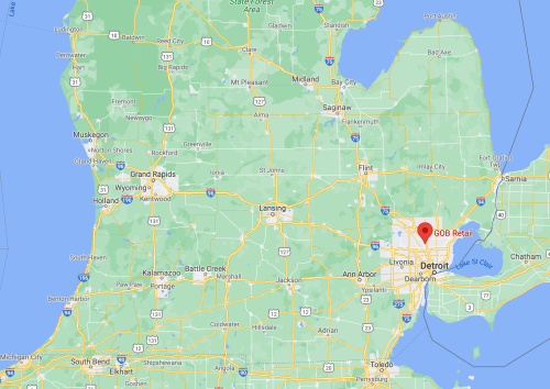 Map of Michigan highlighting the Detroit area with a marker for GOB Retail.