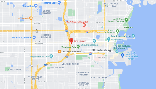 Map of St. Petersburg, Florida, highlighting locations like Tropicana Field and Dirty Laundry.