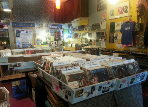 A cozy record store filled with vinyl records, posters, and music memorabilia, creating a nostalgic atmosphere.
