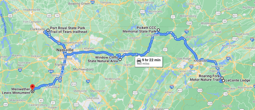 Map showing a route from Nashville to various parks, including Port Royal State Park and Pickett CCC Memorial State Park.
