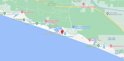 Map showing the coastline with beach access points, parks, and nearby amenities in a coastal area.