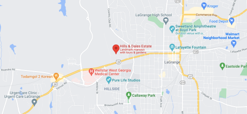 Map showing LaGrange, Georgia, highlighting Hills & Dales Estate and nearby landmarks and facilities.