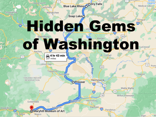 Map highlighting hidden gems in Washington, including Blue Lake Rhino, Dry Falls, and Soap Lake, with a route to Maryhill Museum.