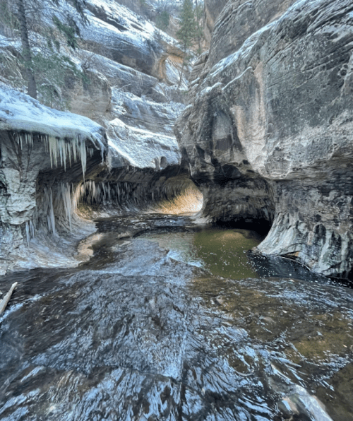 A serene canyon with smooth rock formations and a flowing stream, surrounded by ice and greenery.