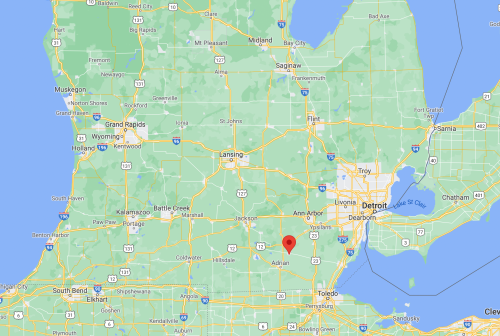Map showing southeastern Michigan, highlighting the area around Adrian, near Detroit and the Ohio border.
