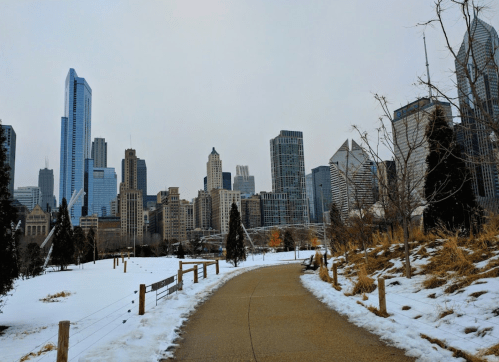 A snowy path leads through a park with a skyline of tall buildings in the background on a cloudy day.