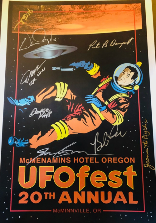 Poster for UFOfest 20th Annual at McMenamins Hotel, Oregon, featuring an astronaut and various signatures.