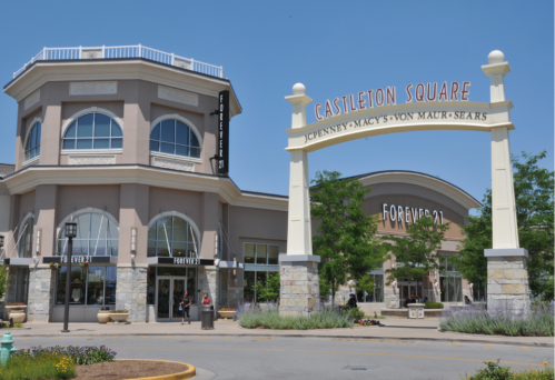 Exterior view of Castleton Square shopping mall featuring stores like Forever 21, JCPenney, and Macy's.