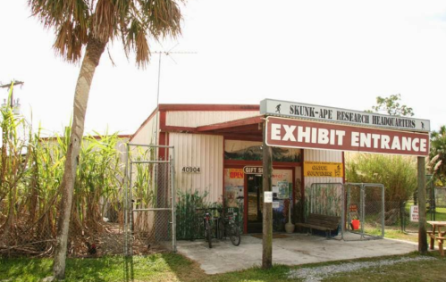 A small building with a sign reading "Exhibit Entrance" and "Skunk-Ape Research Headquarters," surrounded by greenery.
