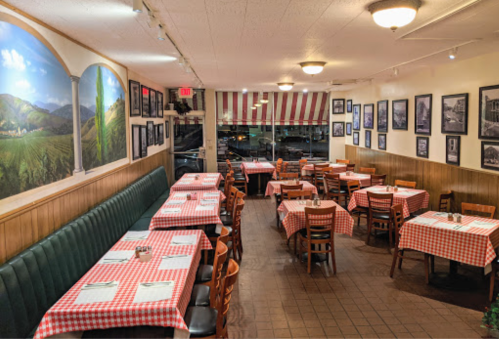 Cozy restaurant interior with checkered tablecloths, wooden chairs, and scenic wall murals.