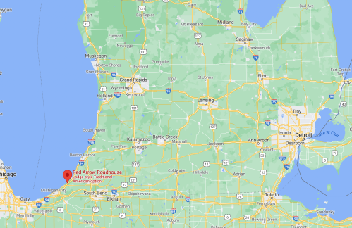 Map of Michigan highlighting the location of Red Arrow Roadhouse near Lake Michigan.