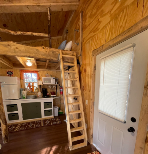 Cozy interior of a small cabin with a wooden ladder, kitchenette, and a door leading outside. Warm, rustic decor.