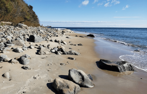 A sandy beach with scattered rocks, gentle waves, and a clear blue sky in the background.