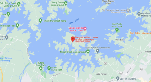 Map showing Lake Lanier with nearby attractions, including Margaritaville at Lanier Islands Water Park, marked as temporarily closed.