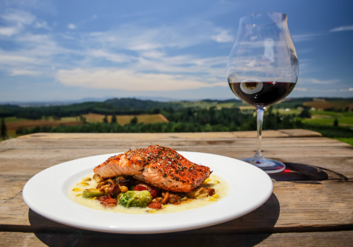 A plate of salmon with vegetables, paired with a glass of red wine, set against a scenic outdoor landscape.