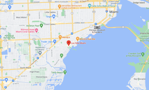 Map of Miami highlighting locations such as Los Félix Miami, Versailles Restaurant, and nearby attractions.