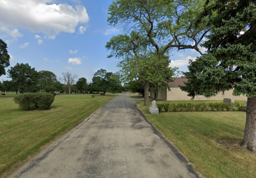 A peaceful road lined with trees, leading through a grassy area with a building in the background under a blue sky.