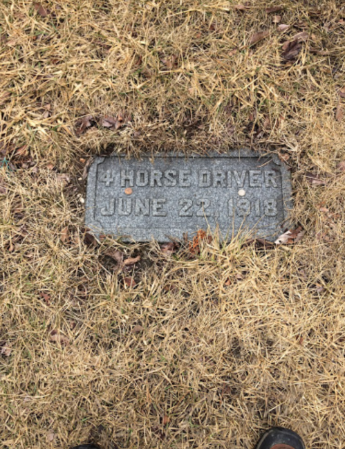 A weathered stone marker reading "Horse Driver, June 22, 1918," set in dry grass.