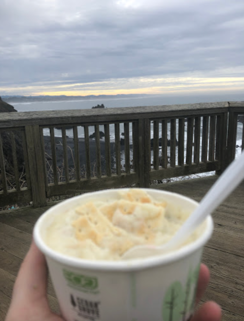 A hand holds a cup of ice cream with a scenic ocean view and cloudy sky in the background.