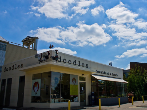 A bright, sunny day at Doodles restaurant, featuring a modern exterior and playful chicken artwork on the facade.