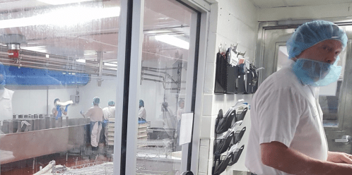A kitchen scene with workers in hairnets and aprons, preparing food behind glass partitions.