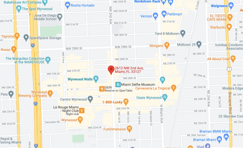 Map showing the location of 2612 NW 2nd Ave, Miami, FL 33127, in the Wynwood area with nearby landmarks.