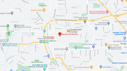 Map showing the location of the Marietta Fire Museum in Marietta, Georgia, with nearby streets and landmarks.
