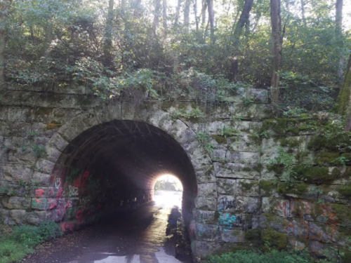 A stone tunnel surrounded by trees, with light visible at the far end and colorful graffiti on the walls.
