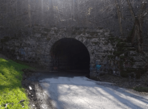 A stone tunnel entrance surrounded by trees, with a paved road leading into the dark opening.