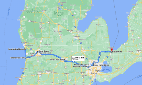 Map showing a route from Grand Rapids to Raven Café, with stops at Potter Park Zoo and Mad Hatter Bistro.