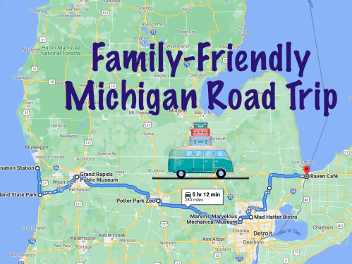 Map of a family-friendly road trip in Michigan, highlighting stops like Grand Rapids Public Museum and Raven Café.