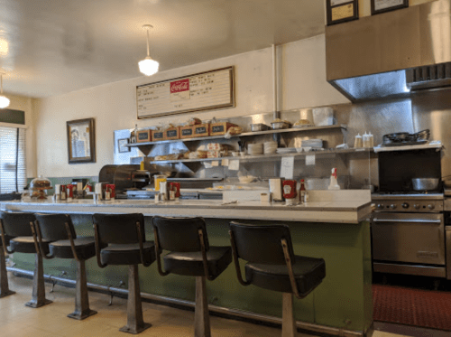 A retro diner interior featuring a long counter with stools, a menu board, and a kitchen area in the background.