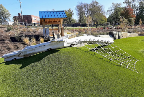 A playground features a large whale skeleton sculpture on a grassy hill with a climbing net nearby.