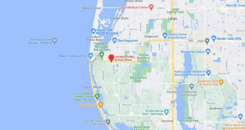 Map showing the location of London Pride British Store in Largo, Florida, near the coast and various landmarks.