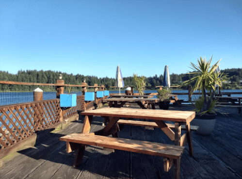 Outdoor seating area with wooden tables, plants, and umbrellas by a calm lake surrounded by trees under a clear blue sky.