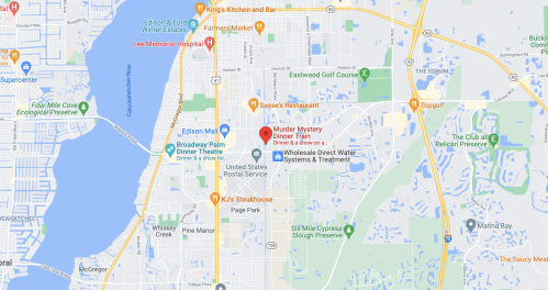 Map showing the location of "Murder Mystery Dinner Theater" in Fort Myers, Florida, near various restaurants and parks.