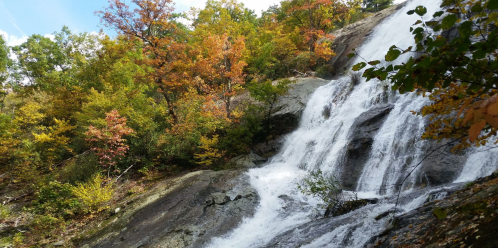 A cascading waterfall surrounded by vibrant autumn foliage and rocky terrain under a clear blue sky.