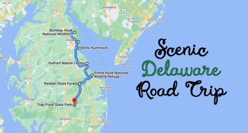Map highlighting a scenic road trip route through Delaware, featuring key nature destinations and parks.