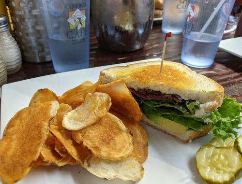 A toasted sandwich with lettuce, pickles, and deli meat, served with crispy potato chips and a pickle slice on the side.