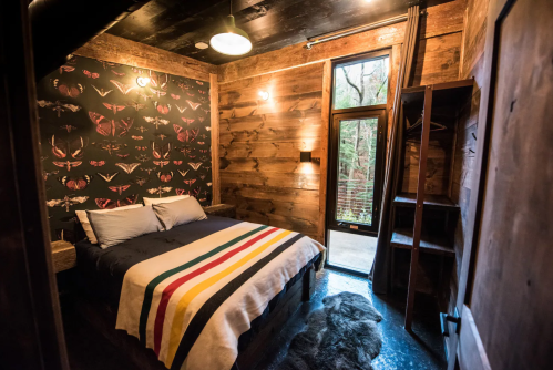 Cozy bedroom with wooden walls, a patterned accent wall, a striped blanket, and large windows overlooking nature.