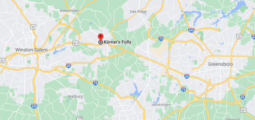 Map showing the location of Korner's Folly near Winston-Salem and Greensboro, North Carolina.
