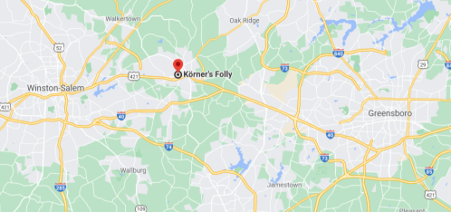 Map showing the location of Korner's Folly near Winston-Salem and Greensboro, North Carolina.