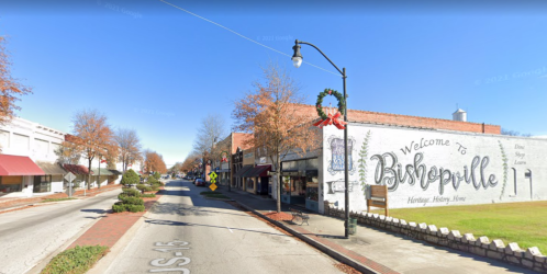 A street view of Bishopville, featuring a welcome sign and festive decorations on buildings and trees.