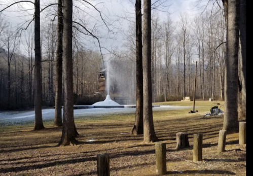 A serene park scene with trees, a fountain spraying water, and a grassy area under a cloudy sky.